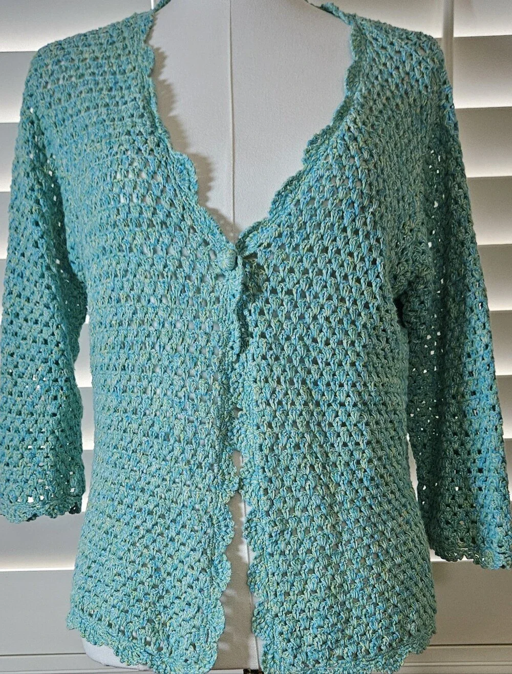 VIntage Norm Thompson, Crochet Cardigan Linen Blend, Open Knit Scalloped (L)